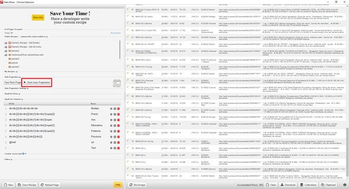 metodo del peine - pantalla data miner
