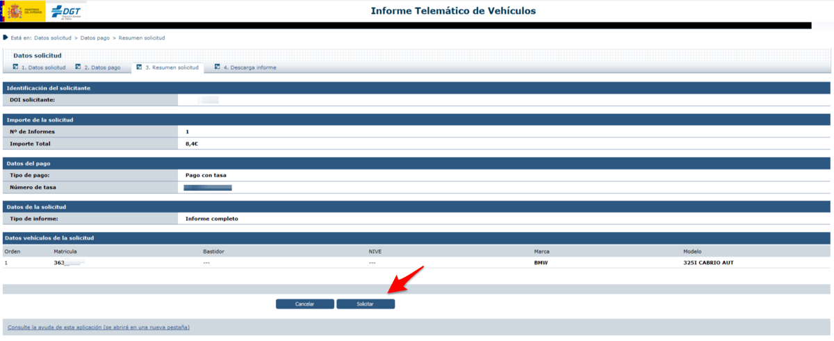Pantalla de confirmación de compra del informe