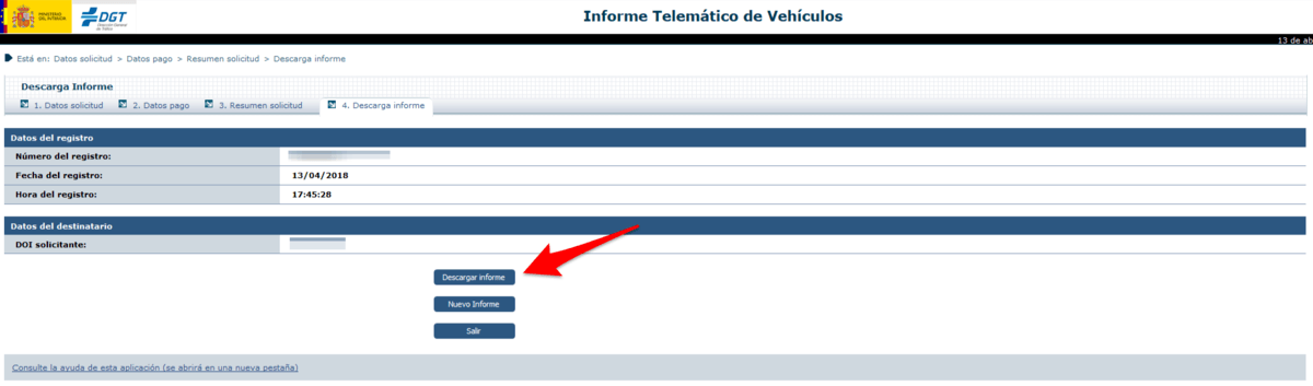 Pantalla de descarga del informe de vehículo